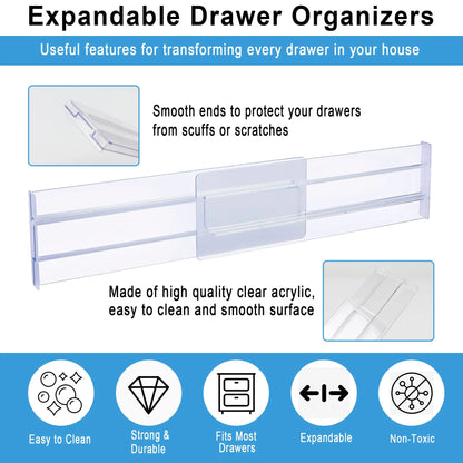Drawer Dividers Organizers 4 Pack, Adjustable 8cm High Expandable from 27.5-52cm Kitchen Drawer Organizer, Clear Plastic