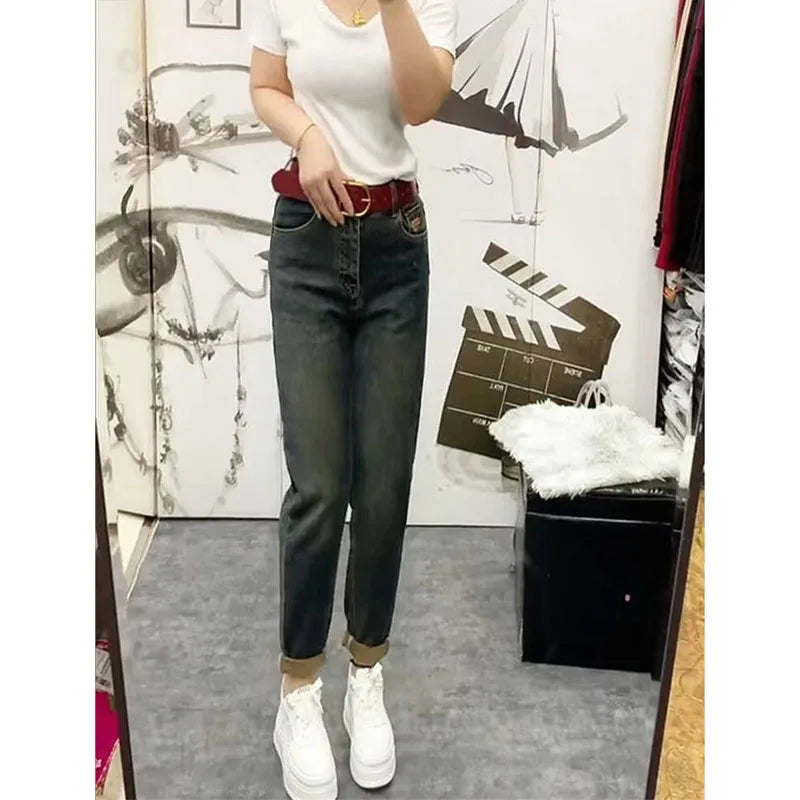 2025 NEW Spring Autumn Embroidery High Waist Straight Jeans Loose Fit Stretch Haren Denim Pants Ladies Ankle-Length Jeans Pants