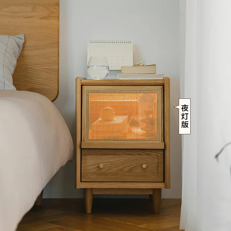 Rattan Weaving Bedroom Furniture, Bedside Table, Multifunctional Small Side Storage Cabinet, Solid Wood Night Stand Customized