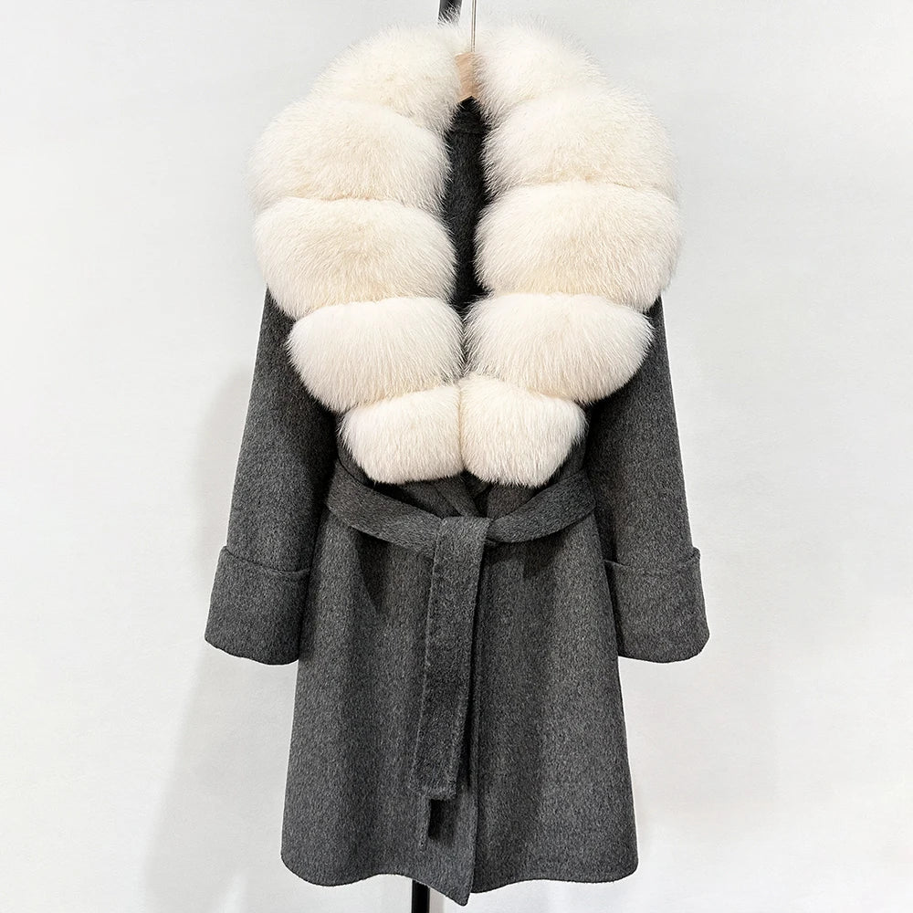 GENHUA 2025 New Winter Cashmere Wool Blends Women Natural Fox Fur Collar Cuffs Slim Fit Suit Double Sided Woolen Trench Coat