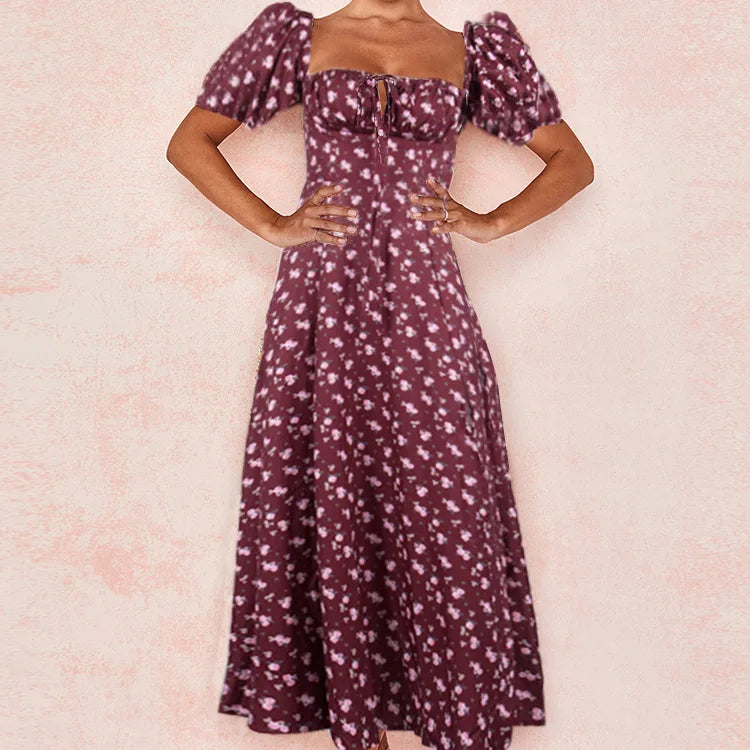 Skinny floral prints Dresses for Summer Women's Dress Square Neck Short Bubble Sleeves High Waist Lace-up Maxi Split Dress