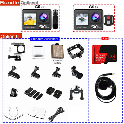 Action Camera 5K 4K60FPS 50MP 2.0 Touch EIS Pre-Record Wireless Mic Wi-Fi 170D DVR Webcam Waterproof 30M 5X Zoom Sports Camera
