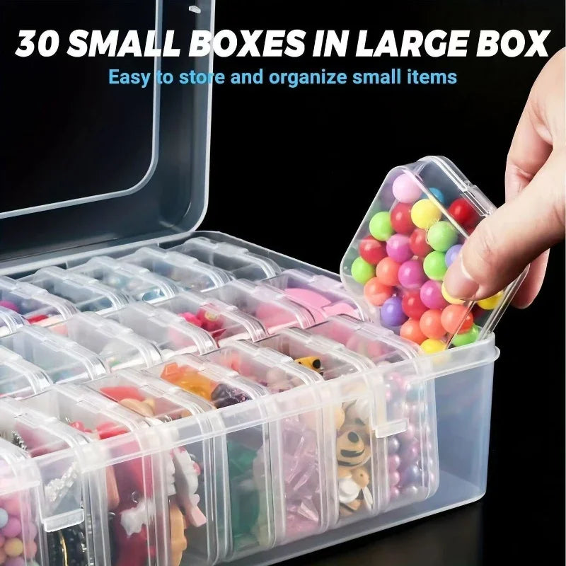 Durable plastic storage box, 30 compartments and small containers, transparent jewelry and home small item storage box