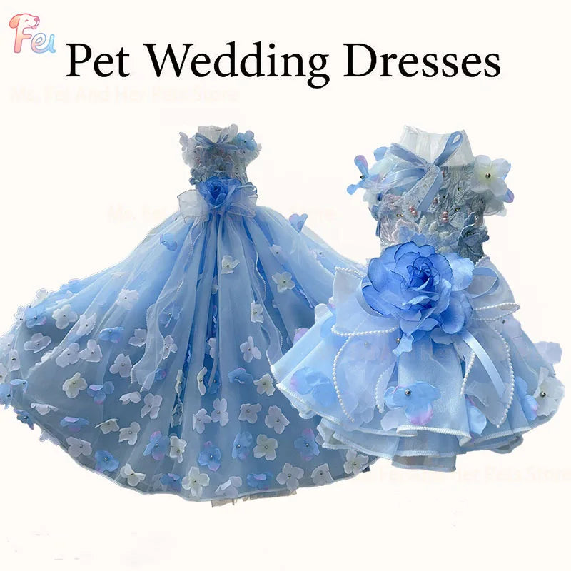2026 Handmade Blue Puppy Dog Clothing Luxury Embroidery Flower Lace Bow Long Tail Party Dresses For Small Medium Dog Pet Clothes