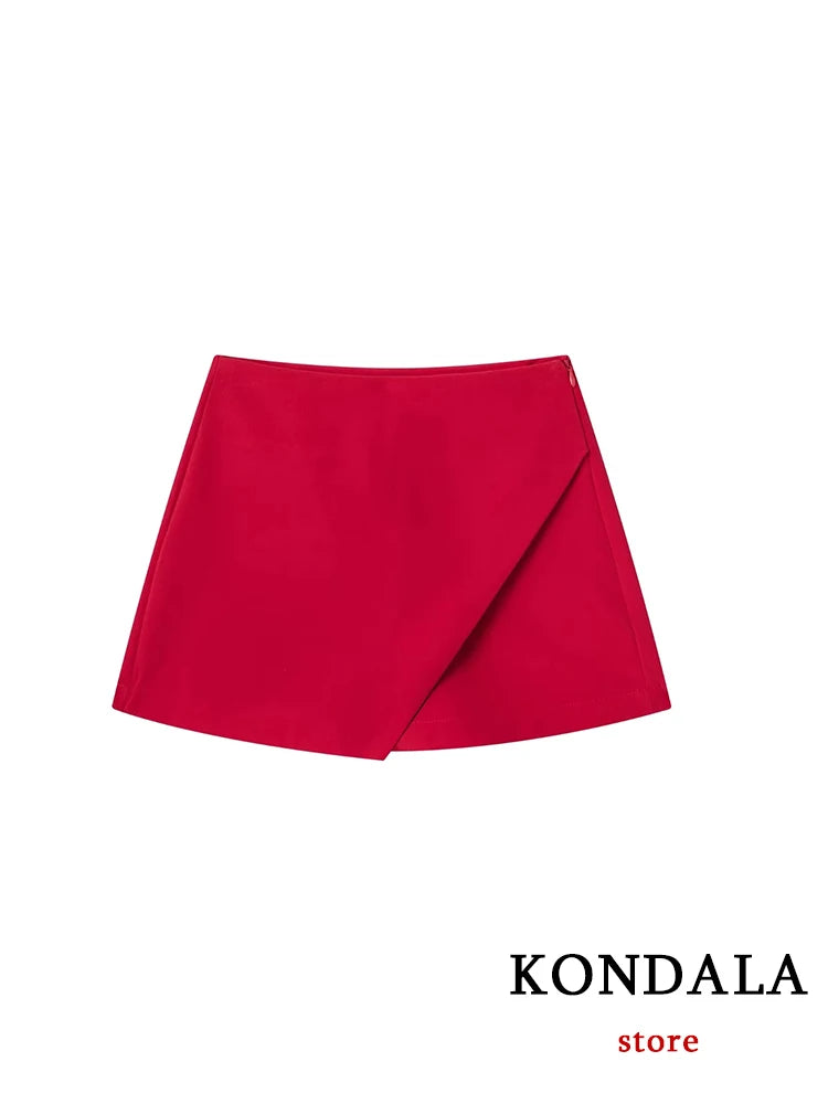 KONDALA Women Fashion 2025 Casual Mini Asymmetrical Skirts Shorts High Waist Back Pockets Wide Leg Skirts Zipper Female Shorts