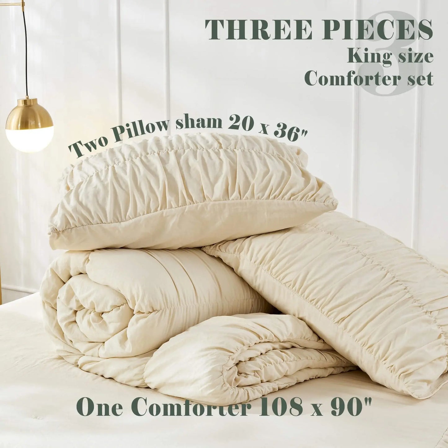 Ruched Comforter Luxury Pinch Pleat Bedding Set, Ultra Soft Washed Cotton Boho Quilt Set with Ruffled Pillow Shams 3-Piece