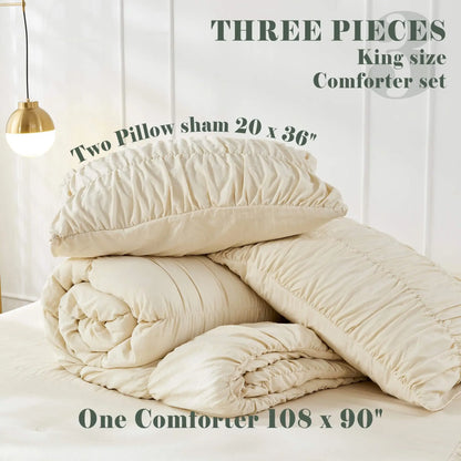 Ruched Comforter Luxury Pinch Pleat Bedding Set, Ultra Soft Washed Cotton Boho Quilt Set with Ruffled Pillow Shams 3-Piece