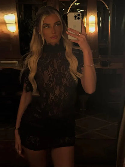 Sexy Lace See Through Party Dress Women Slim Fly Sleeve O-neck Evening Solid Dresses Female 2026 Patchwork Pleated  Robe Lady