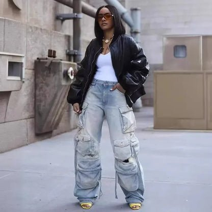 Washed Cargo Pants Women Hole Distressed Jeans Vintage Pockets Mid Waist Trousers 2024 Autumn Female Casual Denims Streetwear