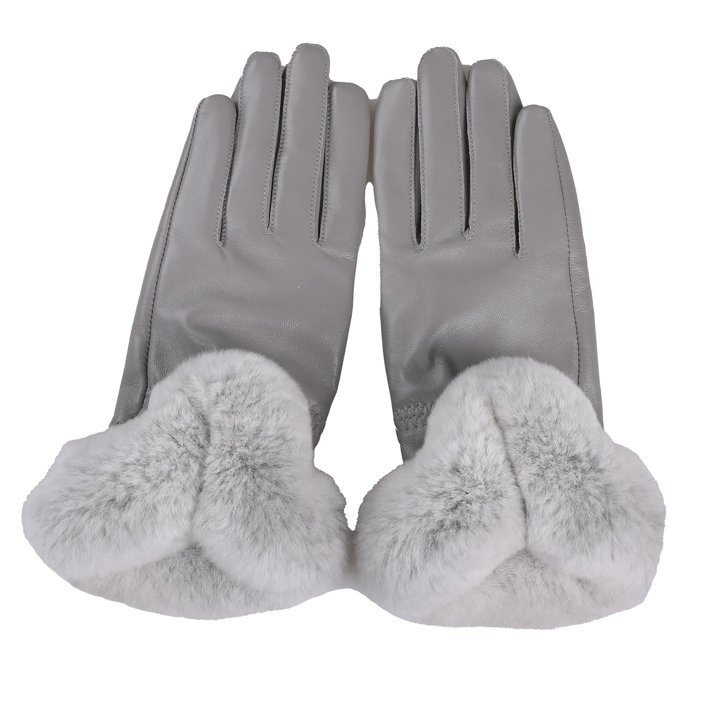 BOONJOVIA Elegant Women's Winter Warm Genuine Leather Gloves With Rex Rabbit Fur Trim Cuffs Velvet Lined