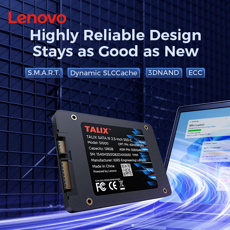 Lenovo TALIX SSD 2.5" SATA 3 III 128GB 256GB 512GB 1TB Internal Solid State Drive 500MB/s High Speed 3D NAND for Laptop Desktop