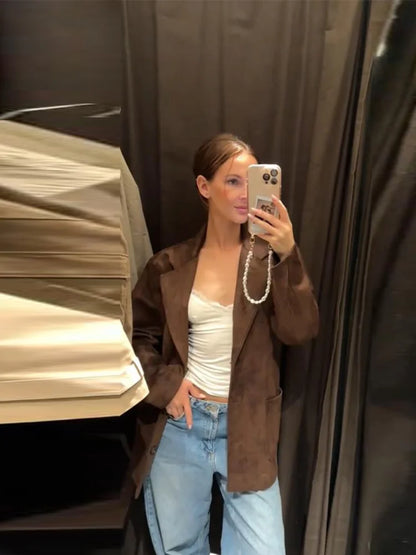 Vintage Brown Suede Jacket for Women Single Breasted Turn-down Collar Blazer with Pocket Casual Office Outerwear Autumn 2025