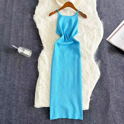 Sexy Summer Knit Strap Dress Women Halter Elatic Waist Bodycon Sundress Female Beach Solid Maxi Long Dress