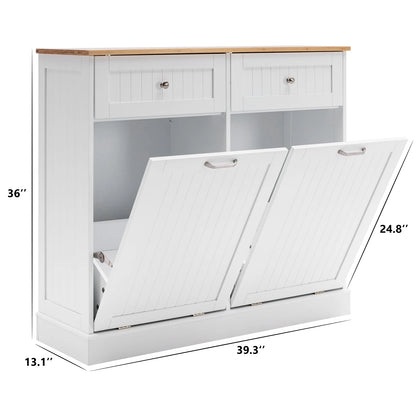 Trash Cabinet Tilt Out Freestanding, Pet Proof Kitchen Trash Cabinet Laundry Hamper with Cutting Board, Wood Garbage Recycling S