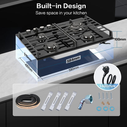 60cm Built-in Gas Hob 4 Burner | Flame Failure Protection & Cast Iron Grates | Black Glass Dual Fuel (NG/LPG)