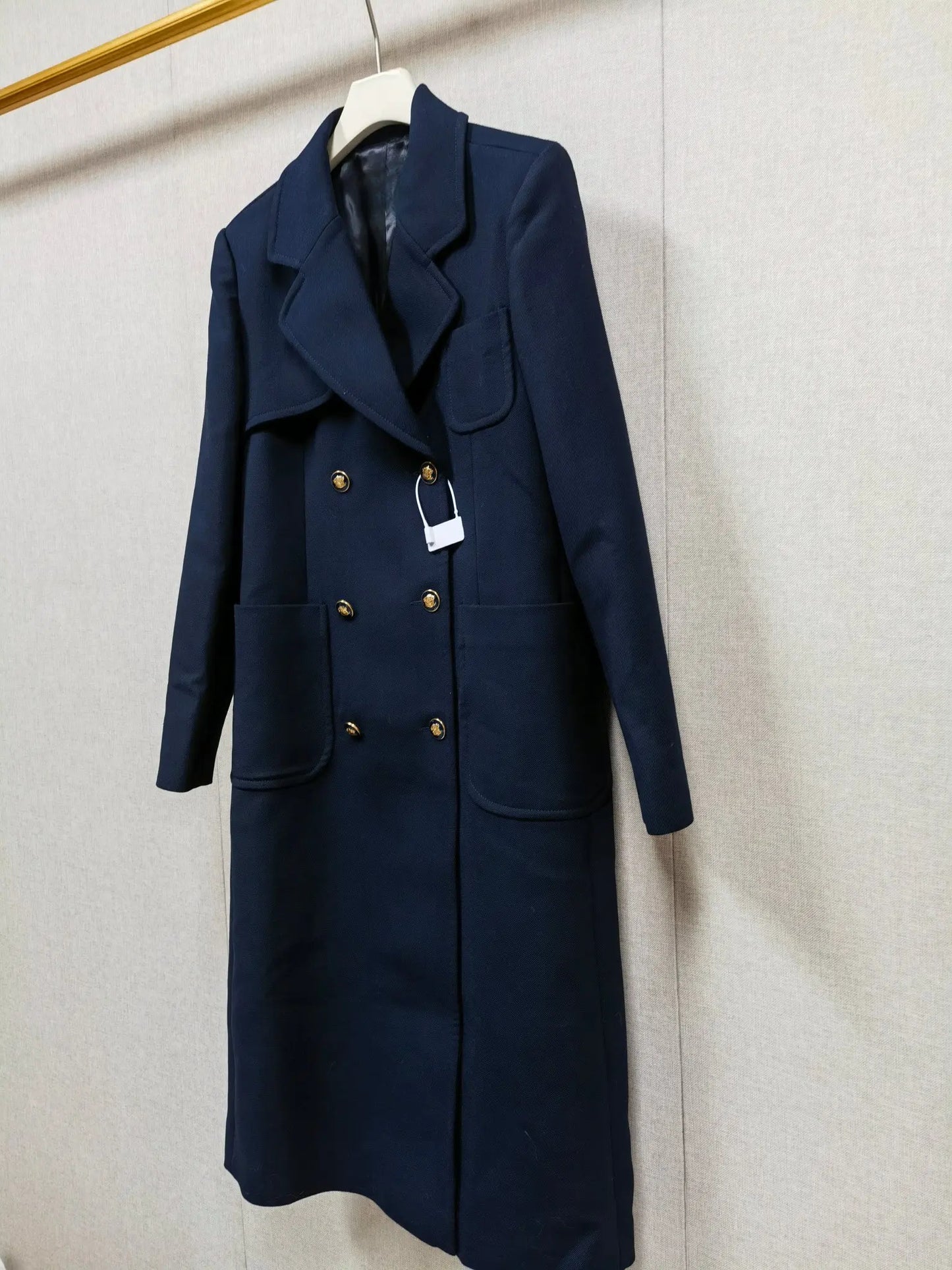 Women Dark Blue Double Breasted Long Straight Jacket Turn-Down Collar Long Sleeve Ladies Temperament Coat 2025 Winter New