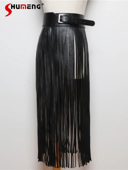 Punk Shot Model Style Belt European American Fashion Extra Long Tassel Waistband Women's Waist Sealed Leather Cummerbunds Skirt