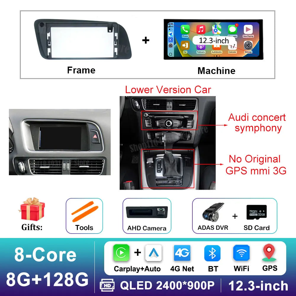 12.3 inch GPS Navigation Wireless Carplay Android 16 for Audi Q5 2009 - 2017 BT Car Multimedia Video Radio Player 4G Auto Tools