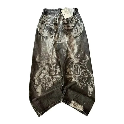 Streetwear New Fashion Red Crown Embroidered Baggy Jeans Women Y2K Gothic Harajuku Hip Hop Popular Casual Joker Couple Jeans