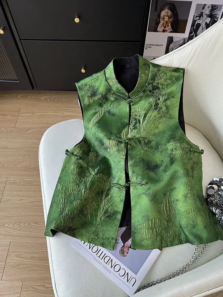 2025 Retro Chinese Literature Green Jacquard Vest Classical Chic Versatile Waistcoat Female Sleeveless Singlet Tops