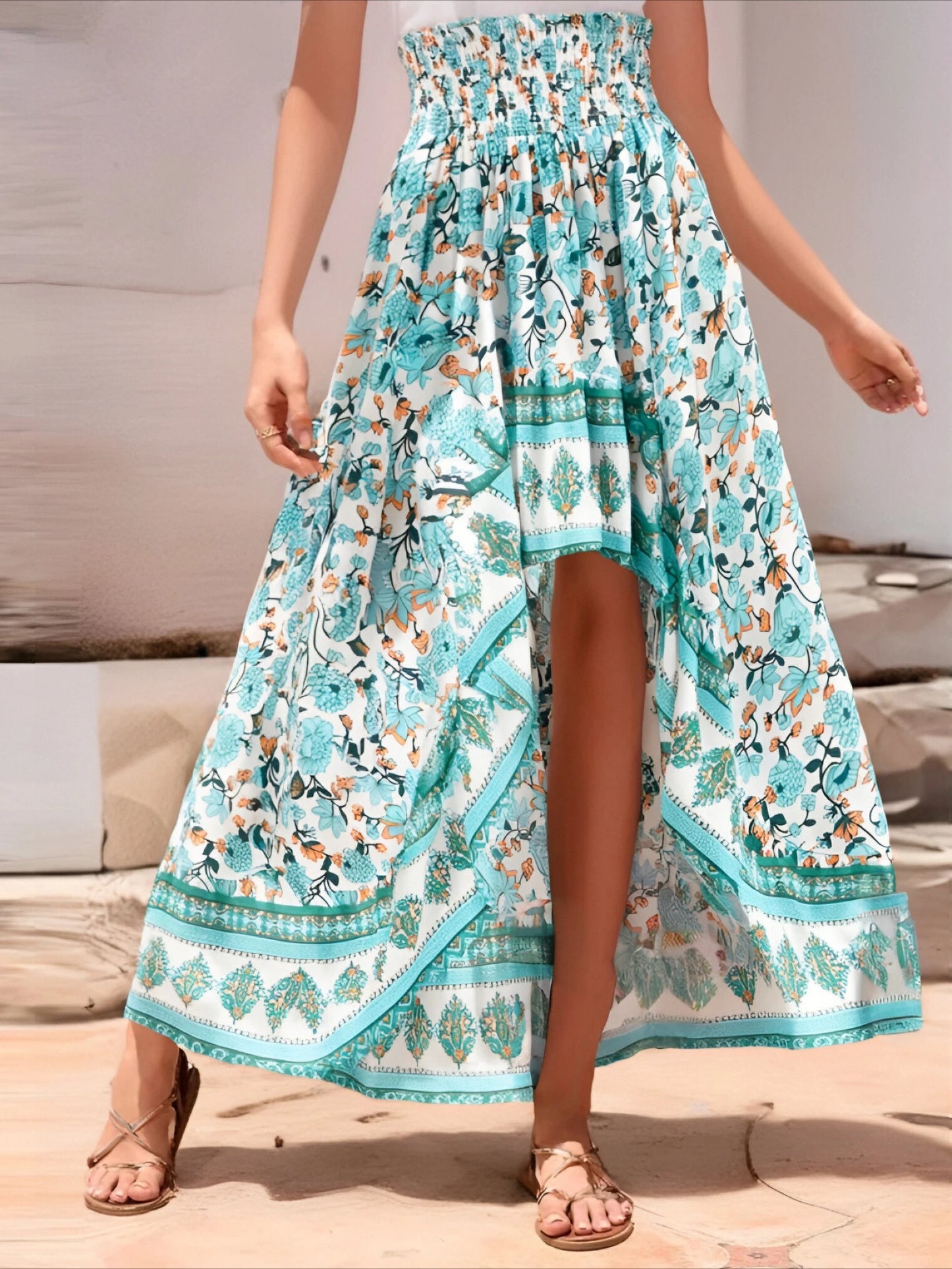 Vintage Chic Fashion Women Floral Print  High Low Beach Bohemian Skirt Elastic Waist Irregular Sexy Maxi Boho Skirts Femme