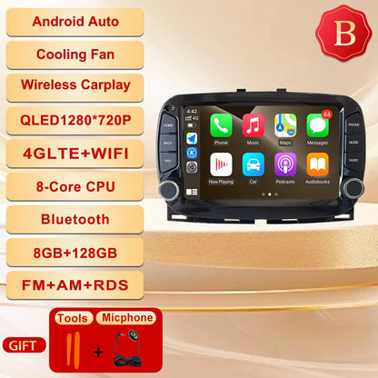 GPS Navigation Android 15 Auto Carplay 7" For FIAT 500 2016 - 2019 Stereo Multimedia Player 4G WIFI Bluetooth DSP 360 Camera