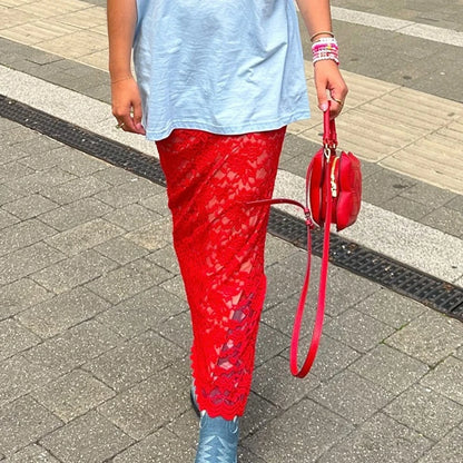 Women Lace Sheer Maxi Skirts Elegant High Waist See-Through Midi Skirts Fairy Coquette Cover-ups Long Skirts Y2k Pretty Outfits