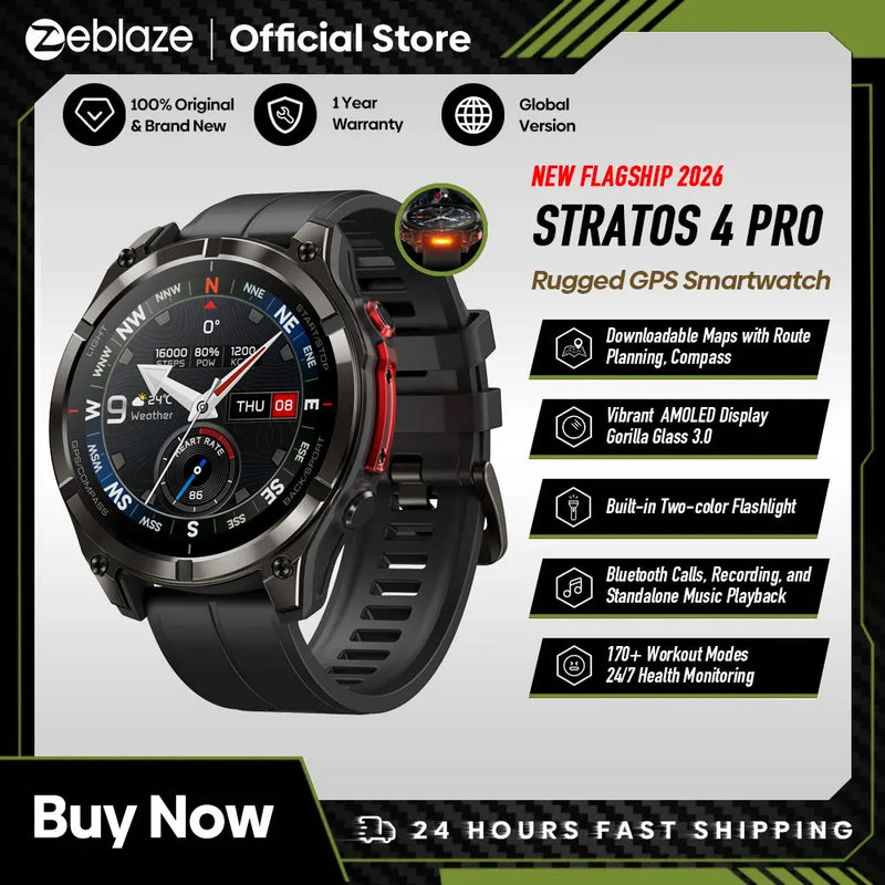 New Zeblaze Stratos 4 Pro GPS Smart Watch 1.43''AMOLED Display Dual-Color Flashlight Music Storage 170+ Workout Modes SmartWatch