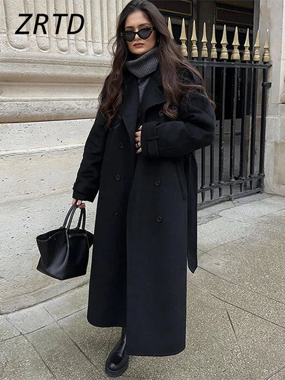 Street Women's Woolen Overcoat With Belt Loose Lapel Double Breasted Full Sleeve Long Coats 2025 Autumn Winter Lady Trench Coat