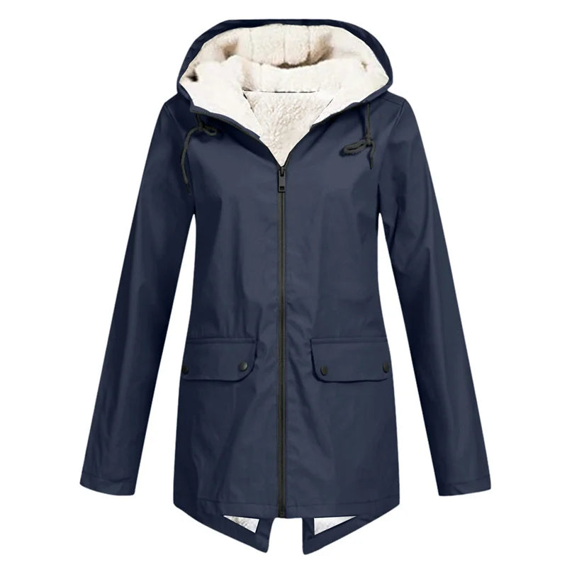 Outdoor Windbreaker Coat Women Trench Coat Waterproof Hooded Outerwear Velvet Thicken Overcoat Zip-up Streetwear Autumn Winter