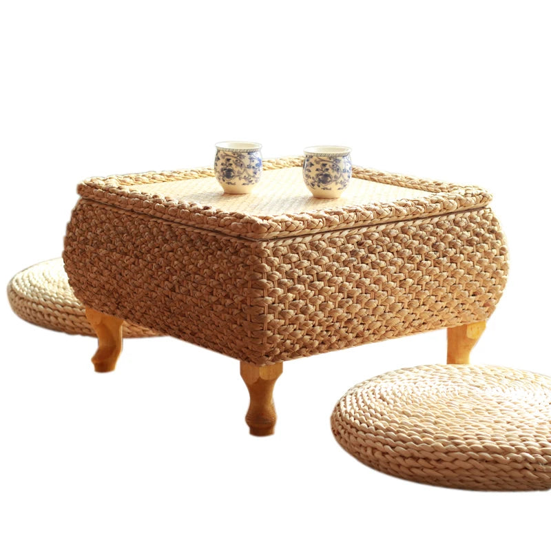 Rattan Floor Tea Table Tatami Style Minimalist Coffee Table for Balcony Low Bedside Small Space Window Area Use
