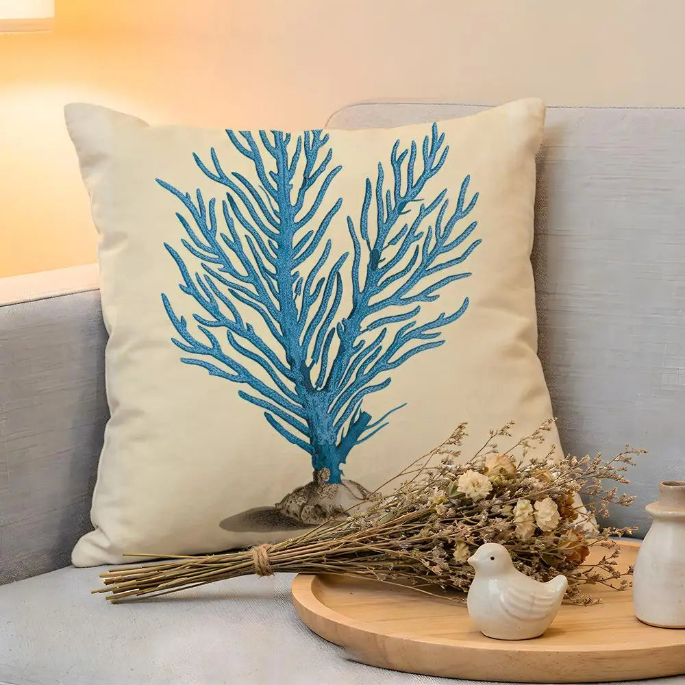 Cushion Cover  Linen  Skin-Friendly Soft Decorative Case For Sofa Home Decor Blue Sea Creature Coral Shrimp Pillow cover
