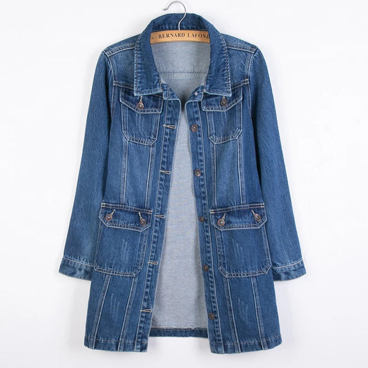 Women Denim Jackets Spring Autumn Long Sleeve Pockets Mid-Length Jean Coat 2024 Fashion All Matched Outerwear