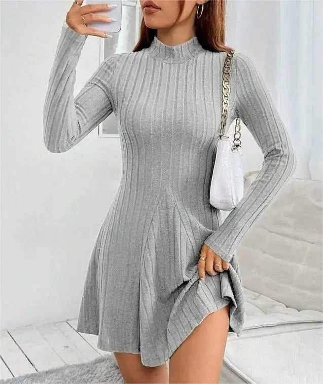 Women Autumn Winter Knitted Dress Lady Casual Long Sleeve Half High Collar Mini Dress Versatile Black Dress Woman Youth Dresses