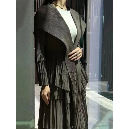 YUDX Miyake Pleated Spliced Ruffles Trench Coat Women Lapel Full Flare Sleeve Single Button Solid Color New 2025 Outwear Tops