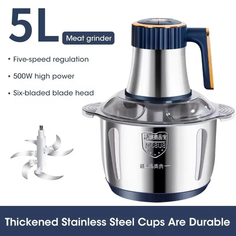 5L EU Electric Food Grinder Multifunctional Vegetable Chopper Blender Large Capacity Meat Mincer for Household Cooking
