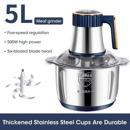 5L EU Electric Food Grinder Multifunctional Vegetable Chopper Blender Large Capacity Meat Mincer for Household Cooking