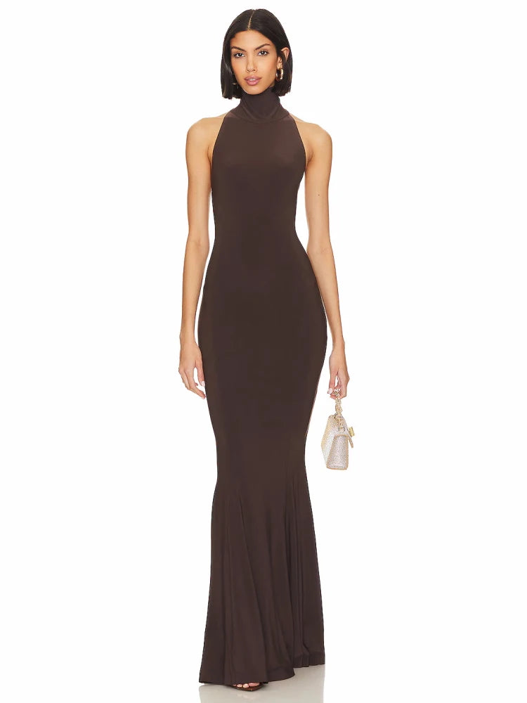 Sexy Halter Neck Backless Slim Maxi Dress Women Browns Sleeveless Halter Neck Bodycon Long Dresses Elegant Evening Party Gowns