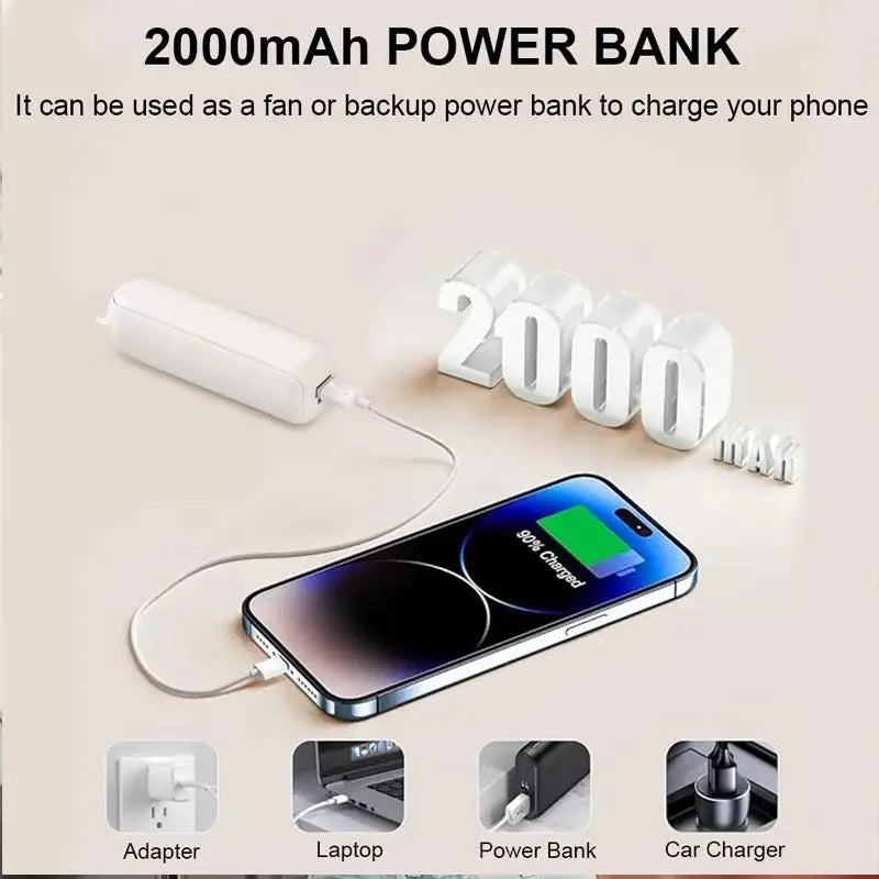 Portable Fan 2000mAh USB Rechargeable 3 Speed Mini Handheld Foldable Fan Hand Held Small Pocket Travel Fan with Handy Power Bank