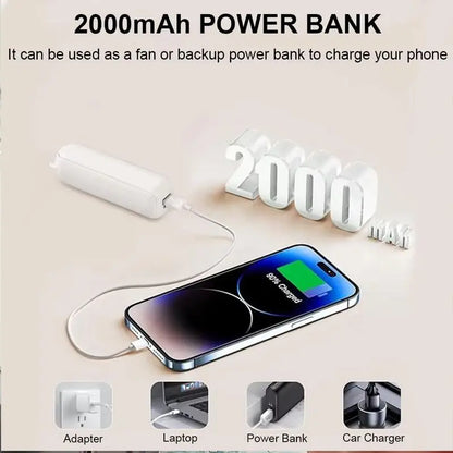 Portable Fan 2000mAh USB Rechargeable 3 Speed Mini Handheld Foldable Fan Hand Held Small Pocket Travel Fan with Handy Power Bank