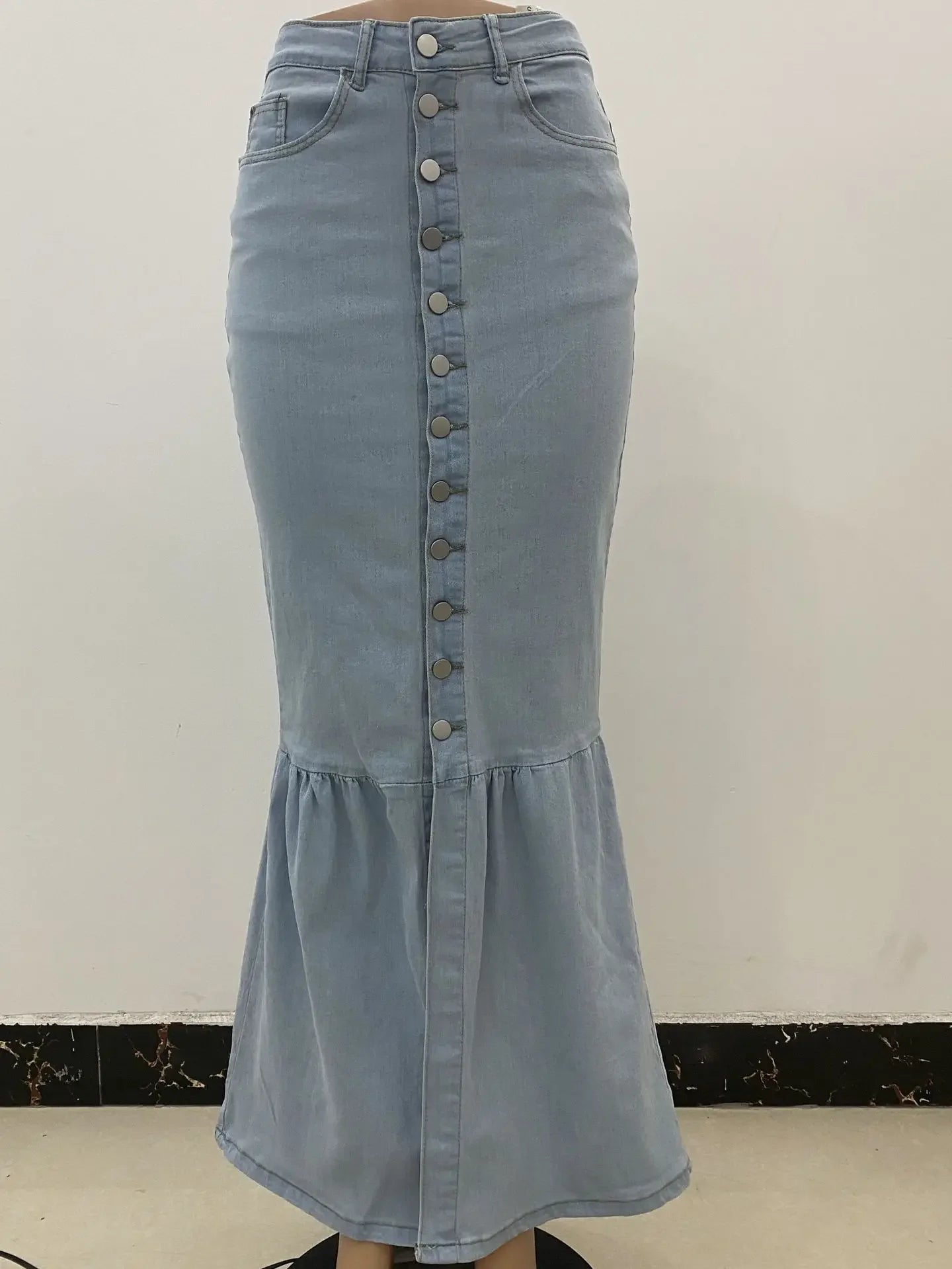 Fishtail Denim Long Skirt Women Full Length Mermaid Trumpet Ruffle Breasted Sexy High Waist Stretchy Skirts 2024 Streetwear