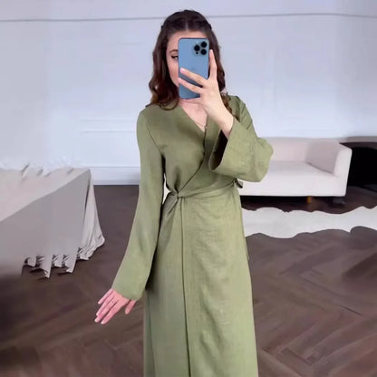 New Summer Women Dresses Solid V-Neck High Waist Casual Lace Up One Piece Cotton and Linen Long Dress Maxi Dresses With Belt