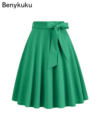2025 Women Retro Vintage Midi Long Skirt Solid Elegant High Waist A Line Skater 50s Swing Skirts Ladies Workwear Falda Mujer