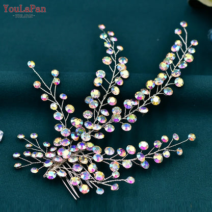 YouLaPan Crystal Leaves Hair Comb Bridal Wedding Hair Accessories Handmade Fashion Woman Rhinestone Flower Headwear HP621