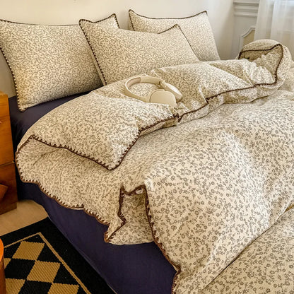 Skin-Friendly Double-Layer Yarn Bedding Set New Country Floral Soft Comforter Sets 100% Cotton Fitted Sheet Kit with Quilt Cover