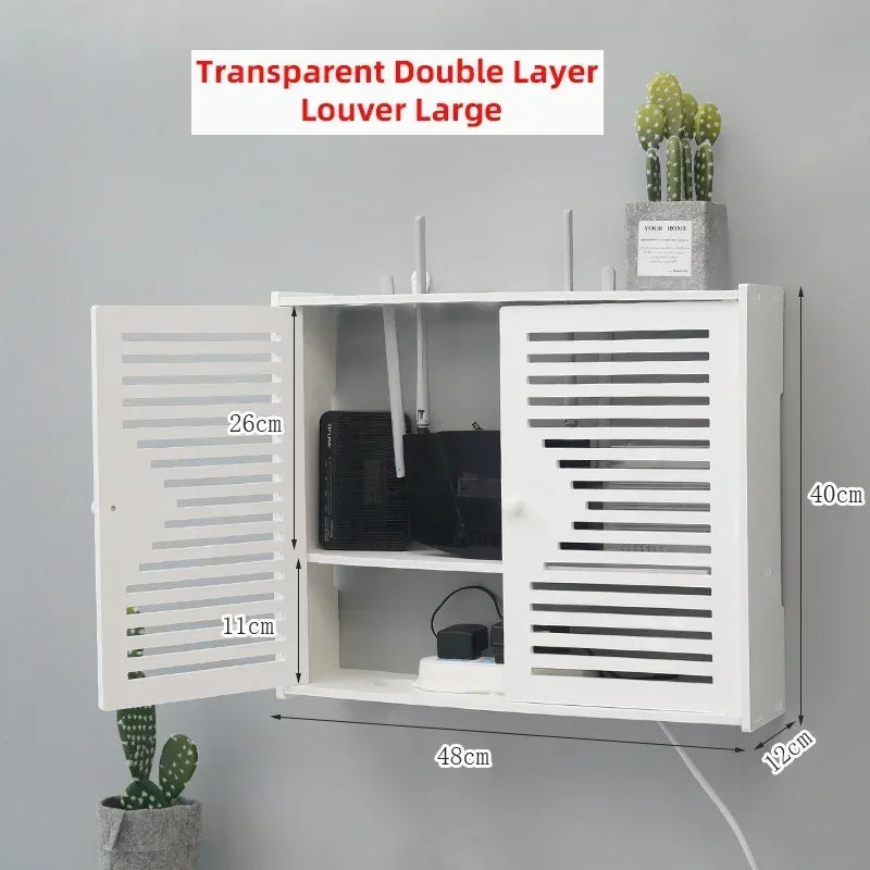 Large Wireless Wifi Router Shelf Storage Boxes Cable Power Plus Wire Bracket Wood-Plastic Wall Hanging Plug Board DIY Home Decor