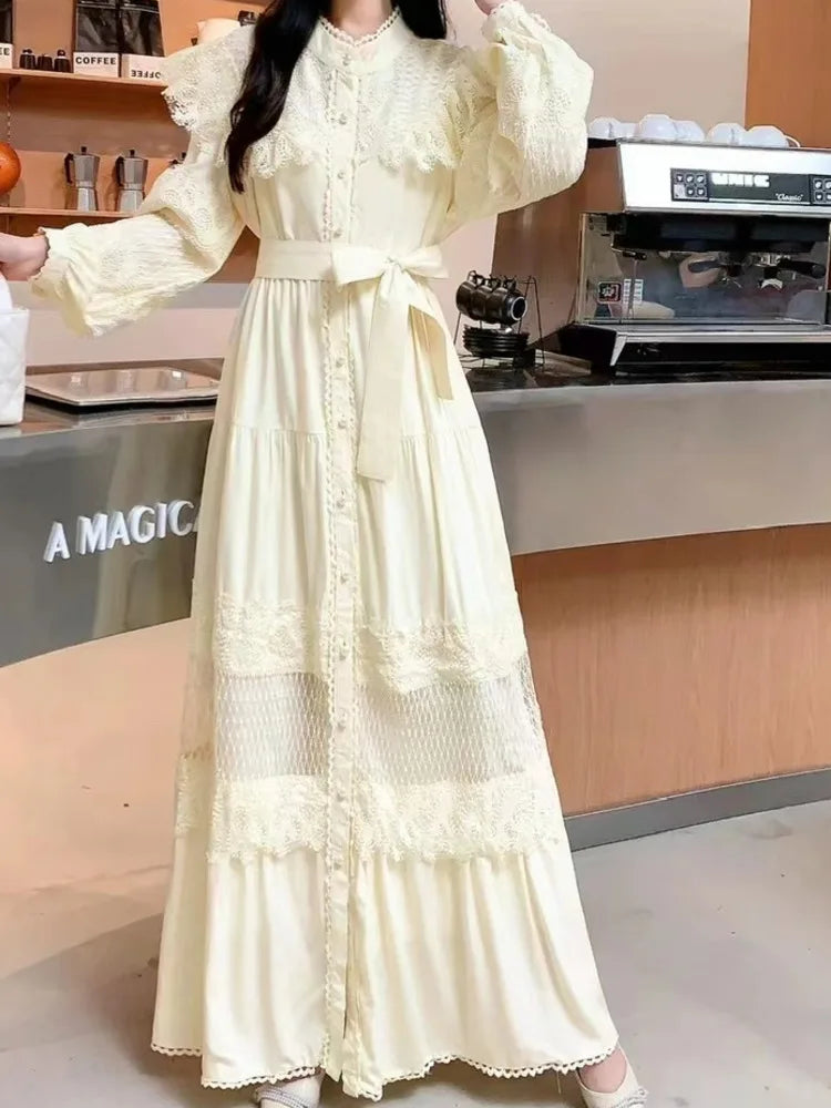 LGRQ For Women's Lace-up Single Breasted Lace Dress Fashion Hollow Out Bead Button Round Neck Dresses 2025 Autumn New Clothing