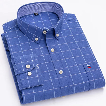 Men's Long Sleeve Oxford Dress Shirt 100% Cotton Plaid Checkered Chest Pocket Button Down Collar Casual Shirts