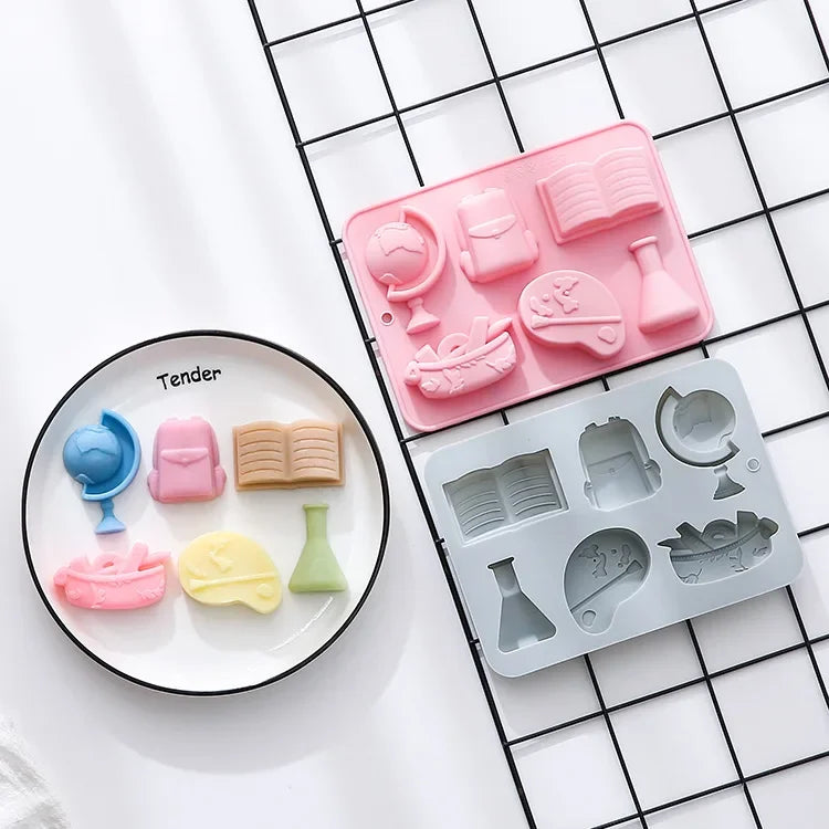 6 Holes, 6 Different School Supplies, Theme Modeling, Silicone Mold, Cake Mold, Ice Cube, Chocolate Mold  Cake Decorating Tools