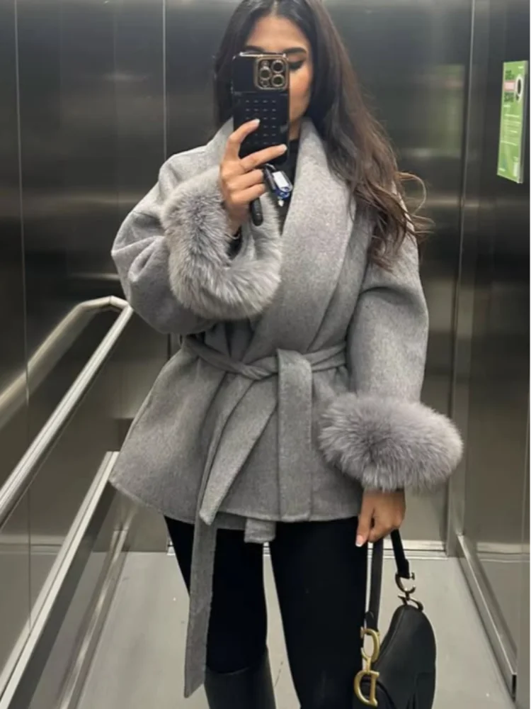 Elegant Lace Up Woolen Short Coat Solid Loose Lapel Furry Belt Long Sleeve Female Jacket 2026 Spring Autumn Lady Chic Cardigan